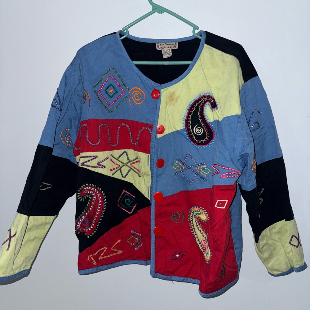 New Directions Blue and Red Blazer with Patchwork Design